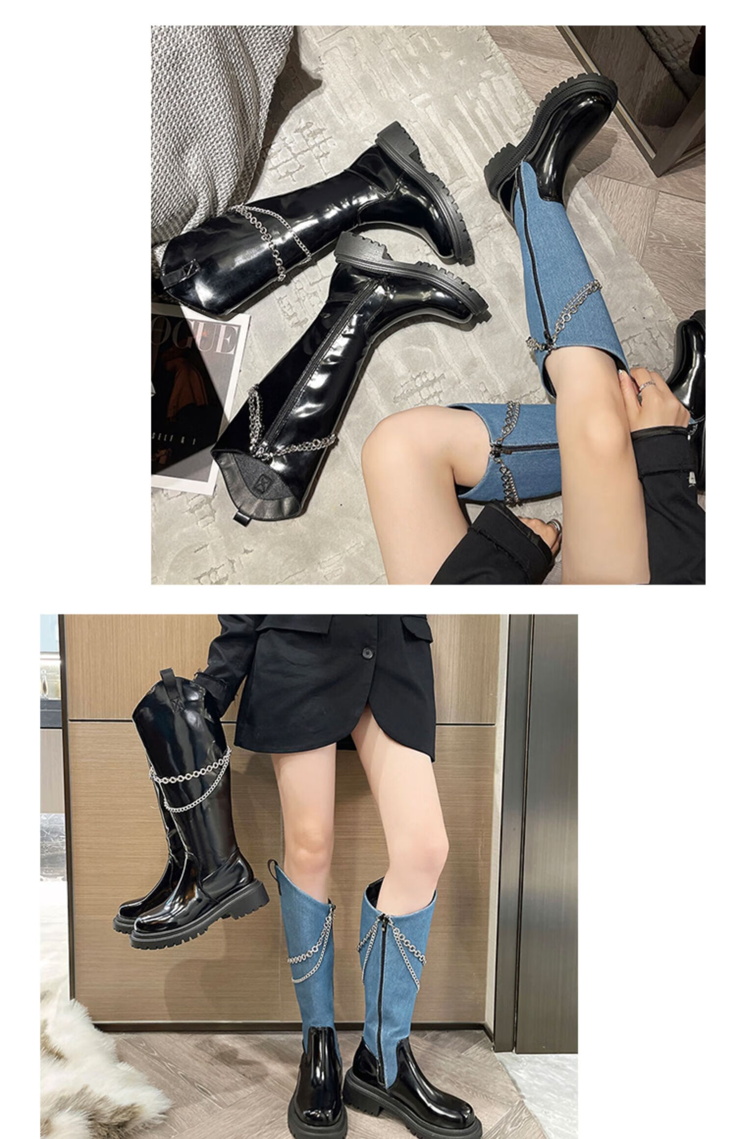 奕辕 大东女靴长靴冬季女生长靴小众复古链条牛仔女生百搭显瘦靴厚底