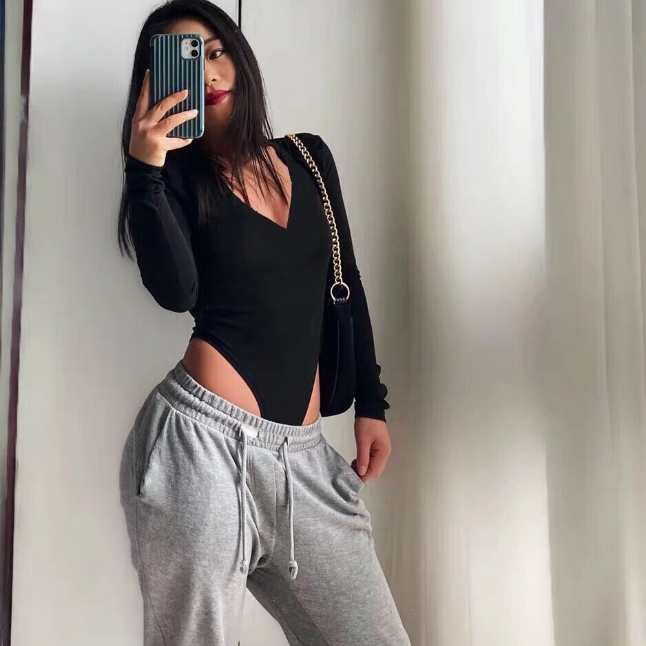 球长品牌高端气质女装深v领高叉连体衣紧身露腰t恤女欧美长短袖大码t