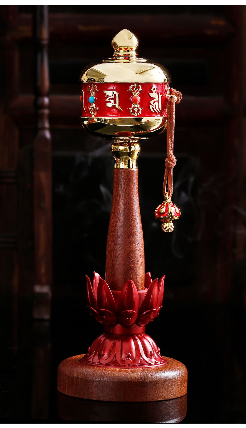 观音心咒手摇转经轮六字真言电镀手持转经筒摆件六字大明咒圆弧造型