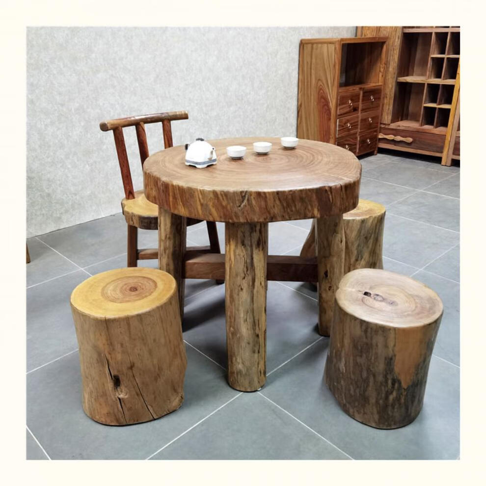 匠心攻略品牌品牌香樟木原木茶几圆型茶台庭院阳台花园泡茶桌全实木