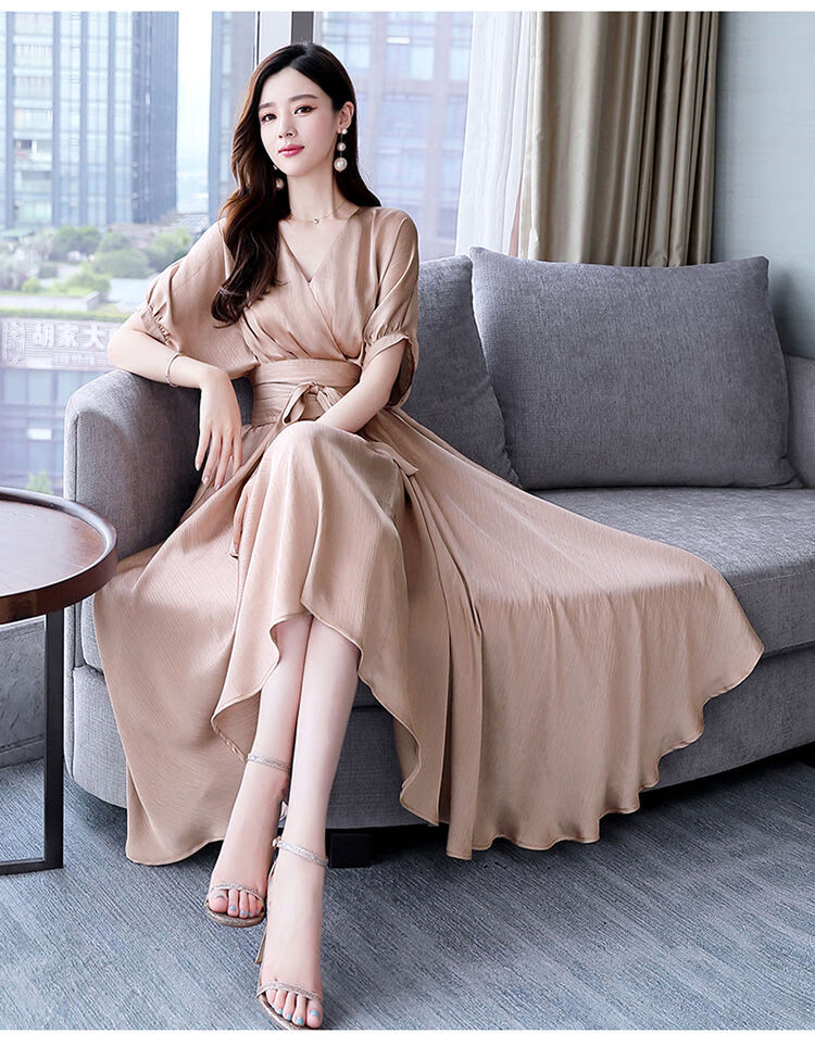 气质长裙女士连衣裙长款夏季新款女装高端优雅显瘦收腰裙子潮香槟色m