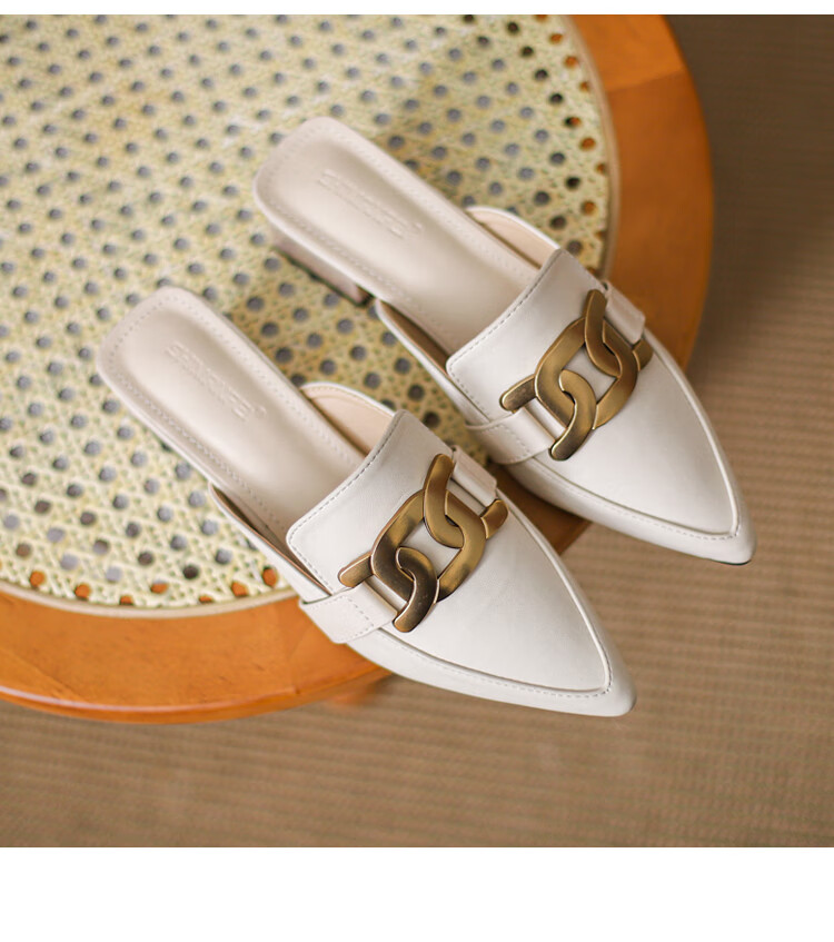 木偶村无后跟女式皮鞋没有后跟的鞋子半拖懒人鞋包头鞋女外穿鞋中跟粗