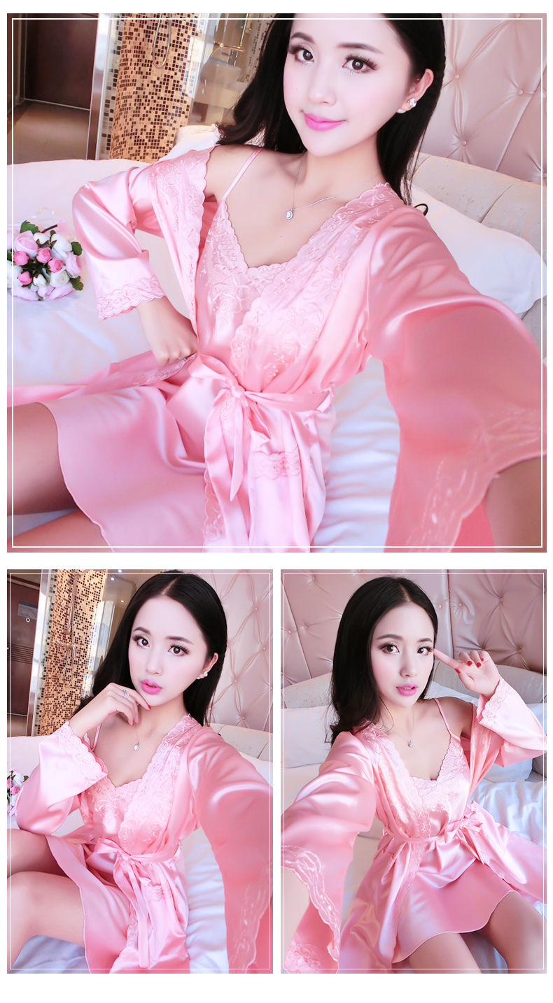 女士春夏季睡裙性感睡衣女春夏季丝绸冰丝蕾丝吊带睡裙睡袍长袖薄款