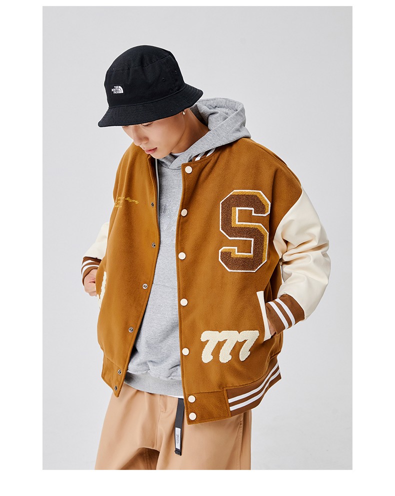 沃客侠棒球服夹克男春季情侣棕色美式复古运动休闲棒球衣外套街头机车