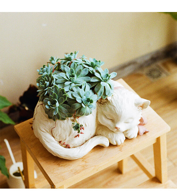 可爱猫花盆动物猫咪花盆树脂文艺小猫插花绿植多肉花盆无孔北欧纯白大