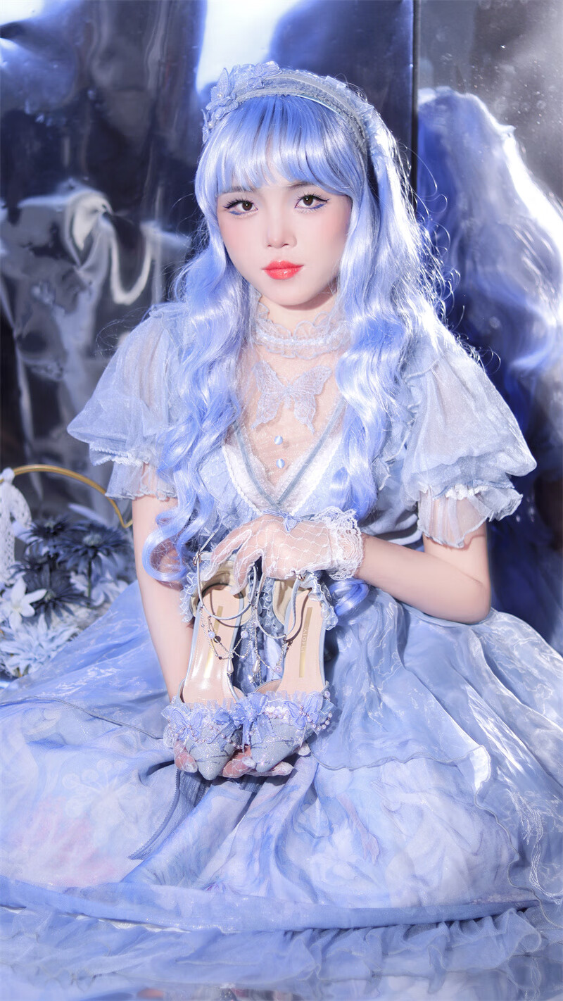 洛丽塔高跟鞋花嫁lo鞋尖头手作优雅高跟鞋百搭lolita茶会藏蓝色7cm带