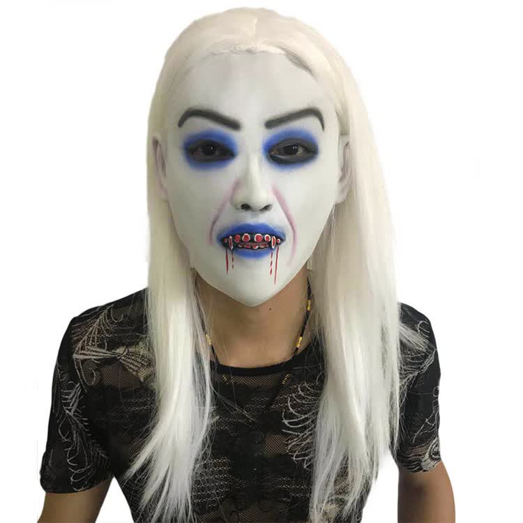 万圣节恐怖鬼脸面具牛角红魔鬼吓人假面化妆舞会表演乳胶套头 黑发