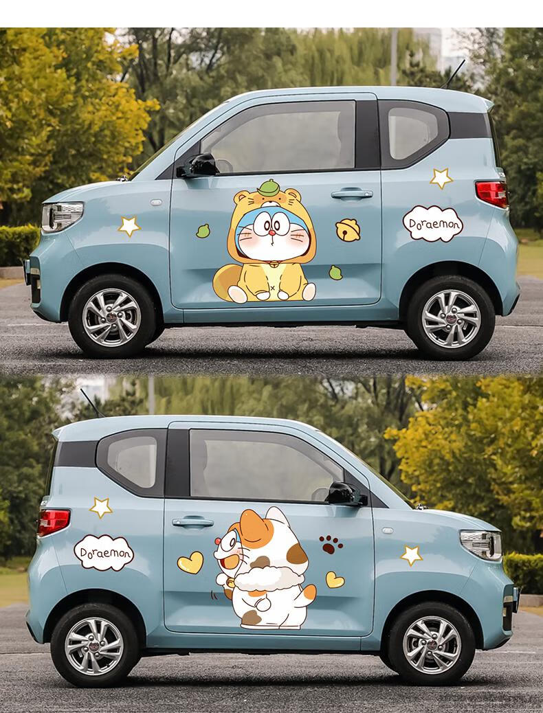 新款五菱宏光miniev车贴拉花贴纸迷你miniev改装可爱卡通蓝胖子叮当猫