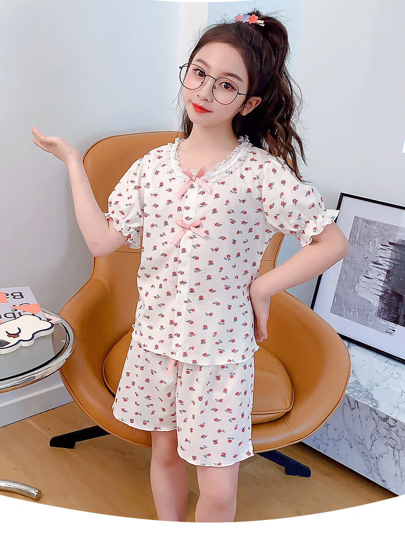 女童睡衣小女孩夏季短袖冰丝螺纹儿童空调服两件套夏装新款薄款公主风
