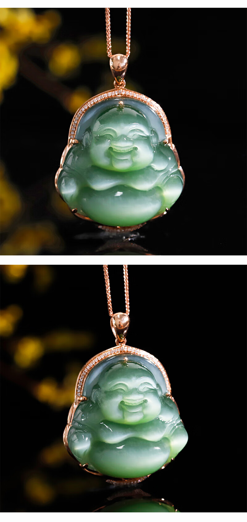墨韵 和田玉碧玉猫眼佛公18k金镶玉吊坠俄罗斯碧玉弥勒佛笑佛挂件女款