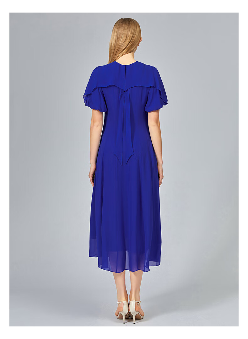 voa真丝乔其纱v领荷叶边立体装饰泡泡袖墨兰色亲肤长款连衣裙ae1323