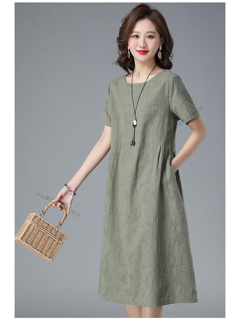 素素棉麻女装夏季休闲时尚棉麻连衣裙女年新款女装显瘦洋气提花中长款