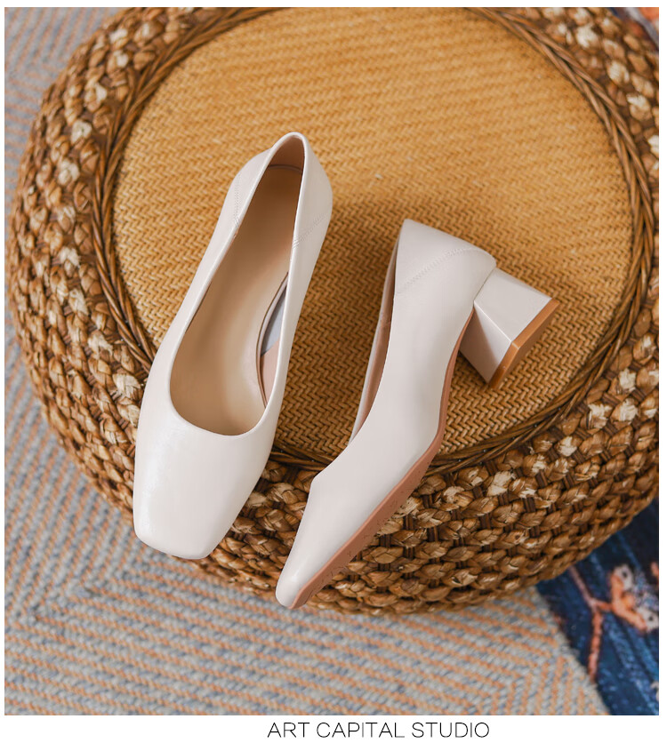 女士瓢鞋高跟软真皮法式气质方头软皮鞋职业工作鞋粗跟仙女夏季单鞋女