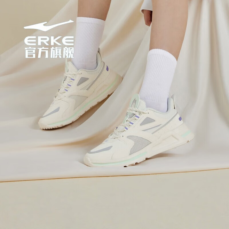 鸿星尔克（ERKE）女鞋跑步鞋软底轻便运动鞋透气防滑休闲鞋减震耐磨健身慢跑鞋子 橡芽白/银灰绿 37