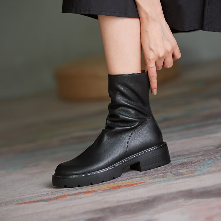 凡弟蓝恩新款牛皮马丁靴女里外全皮厚底后拉链头层牛皮短靴女 黑色绒