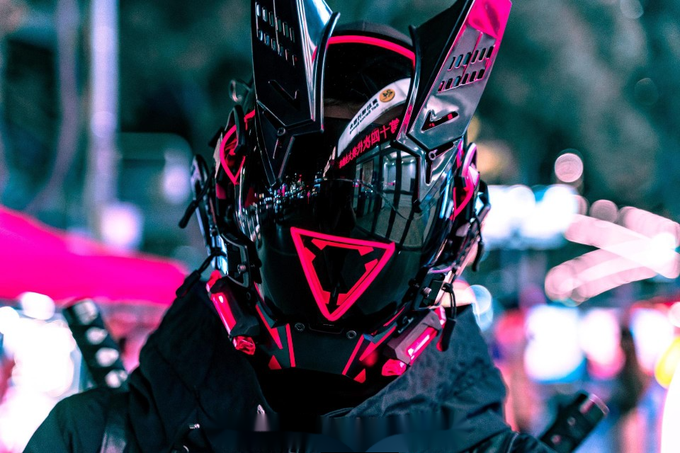 赛博朋克面具红灯线下巴灯模板配置款机械飞升面盔犄角四机翼圆灯挂坠