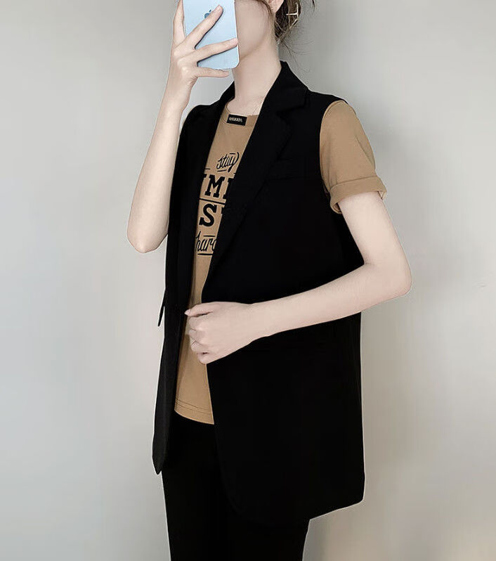 西装马甲女外套中长款春秋季小个子修身无袖百搭坎肩马夹背心外搭黑色