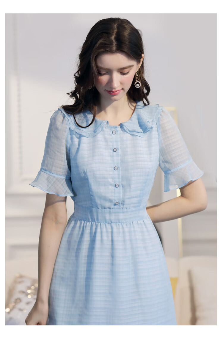 未风雪纺娃娃领连衣裙女2022夏装新款女装气质显瘦短袖裙子天蓝色s