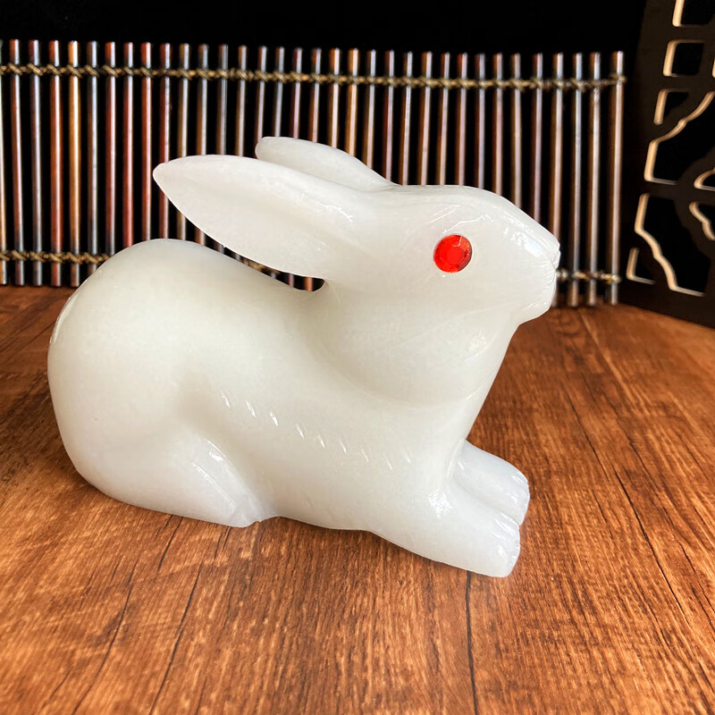 生肖兔玄关酒柜装饰家居吉祥物大号手工雕刻 长15厘米玉兔单只【图片