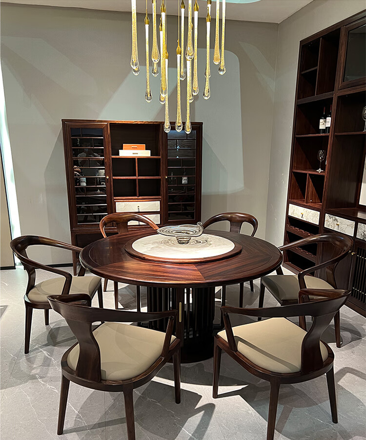 赖氏家具餐桌 乌金木实木餐桌椅组合新中式现代轻奢大小户型圆桌带