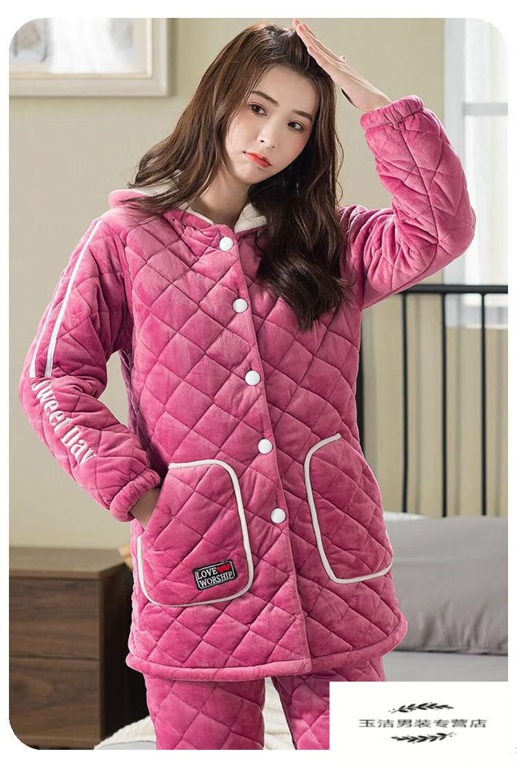 新品女士中长款家居服加棉袄特厚款韩版加长款睡衣女秋冬季加绒加厚
