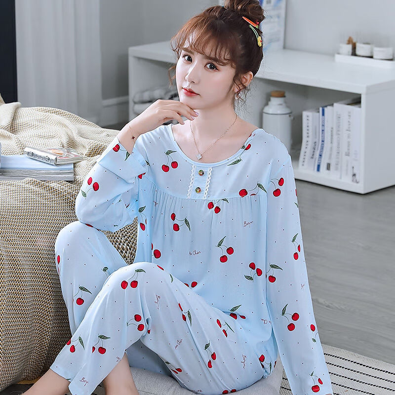 60棉绸睡衣女长袖夏季大码宽松薄款套装家居服春秋天女式休闲宽松