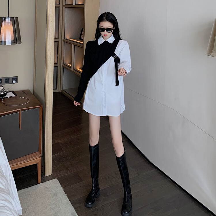 衬衣秋季2020新款中长款衬衫上衣不规则针织毛衣两件套女 黑色毛衣
