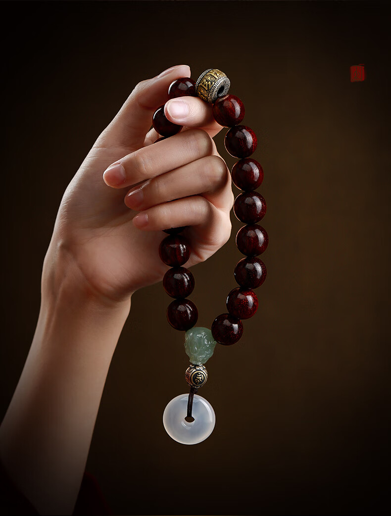 易明居小叶紫檀十八子手持念珠18颗佛珠文玩和田玉貔貅本命佛平安扣送