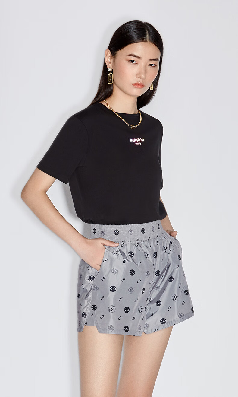 ochirly欧时力新款夏装挖空链条字母短袖t恤女 卡其530 l【图片 价格