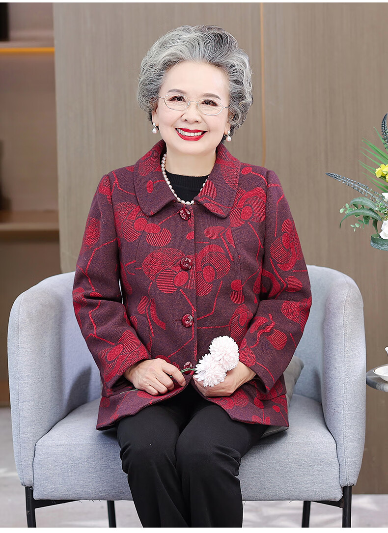 莎比菲中老年人妈妈装春装呢子上衣喜庆老太太翻领外