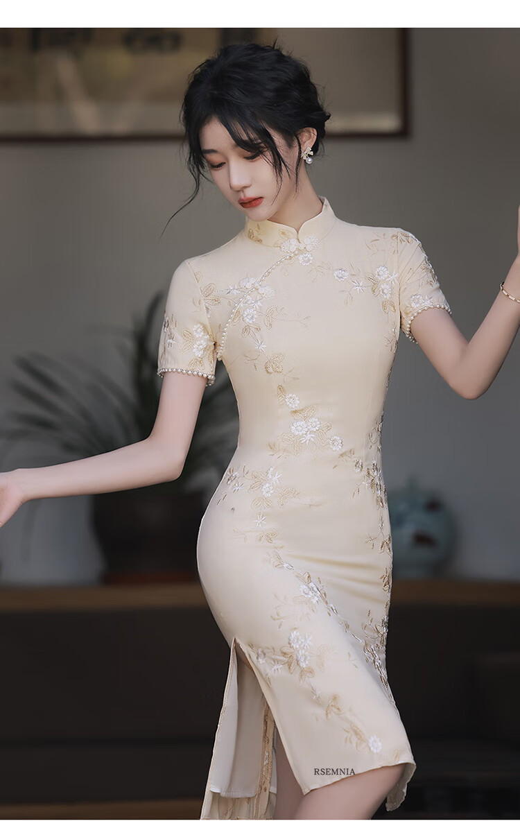 rsemnia旗袍2022年新款小个子短款香槟色刺绣复古中国风装连衣裙 香槟