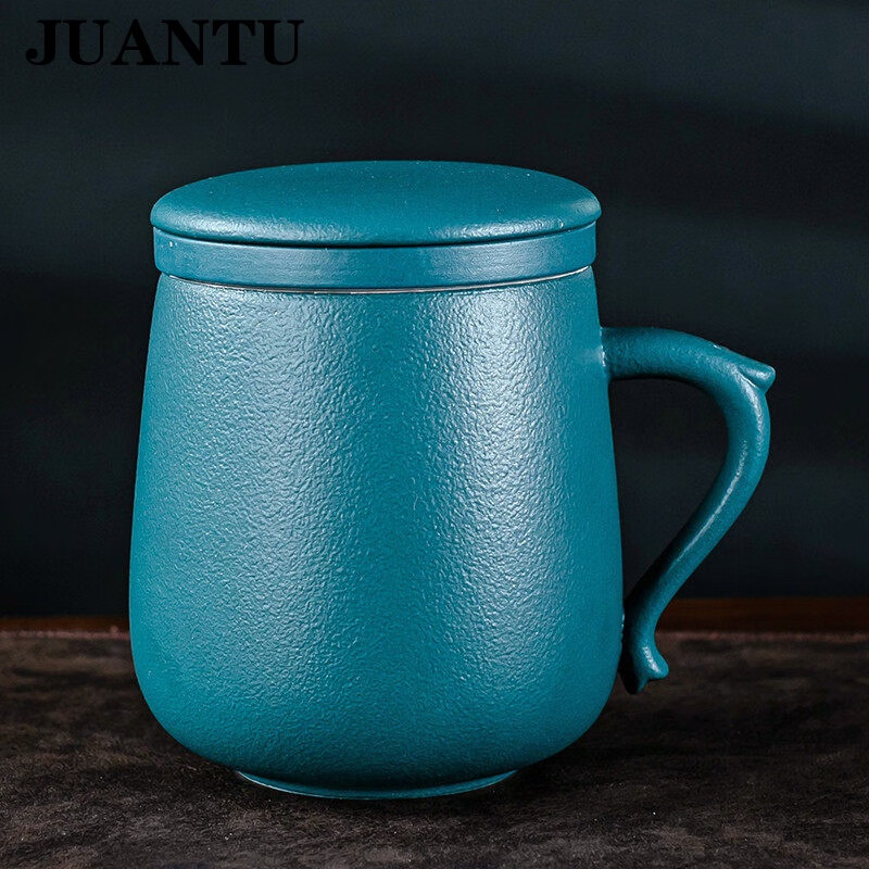 juantu茶具茶杯个人带盖过滤办公杯银杯陶瓷茶水分离泡茶杯鎏银蓝色粗