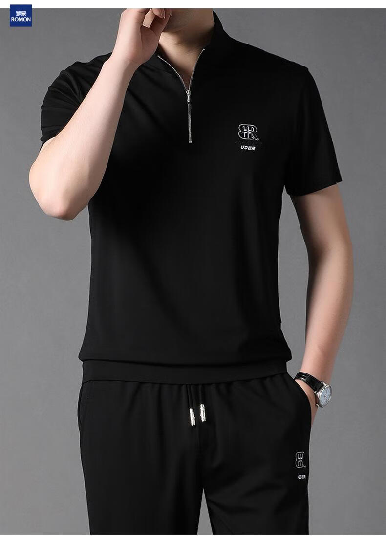 罗蒙重磅轻奢男士夏天休闲套装夏季运动衣服款修身版棉质上衣加长裤
