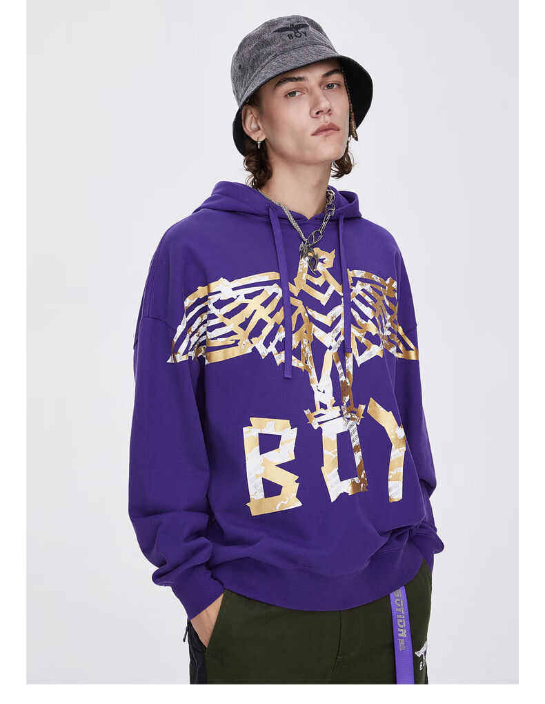 boy london旗舰官网2020秋冬海报感金白老鹰卫衣印花情侣款连帽卫衣