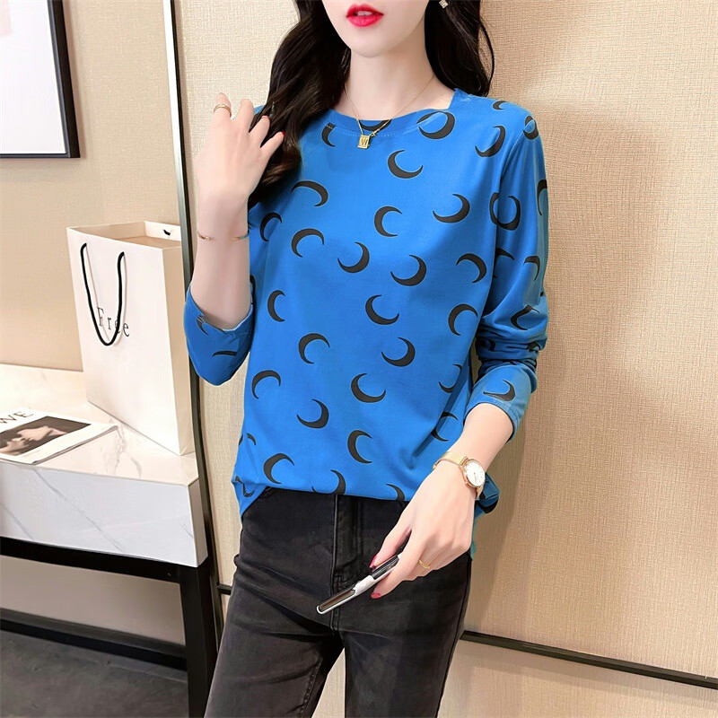 点需dx秋新款韩版宽松百搭可爱小月牙圆领长袖恤女学生上衣打底衫