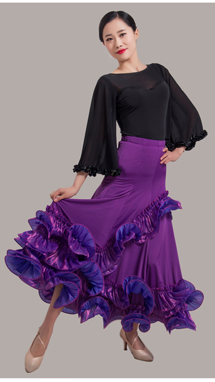 国标舞裙半身裙交谊舞裙子新款长裙女摩登舞裙华尔兹大摆裙修身 白色