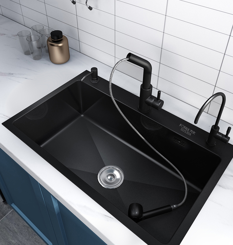 方太纳米黑色手工单水槽厨房304不锈钢洗菜盆洗碗池抽拉龙头套装定制