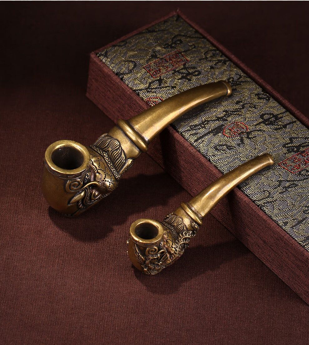 手工雕龙烟斗貔貅旱烟袋老式传统纯铜大烟锅子男士创意烟具礼物 小号