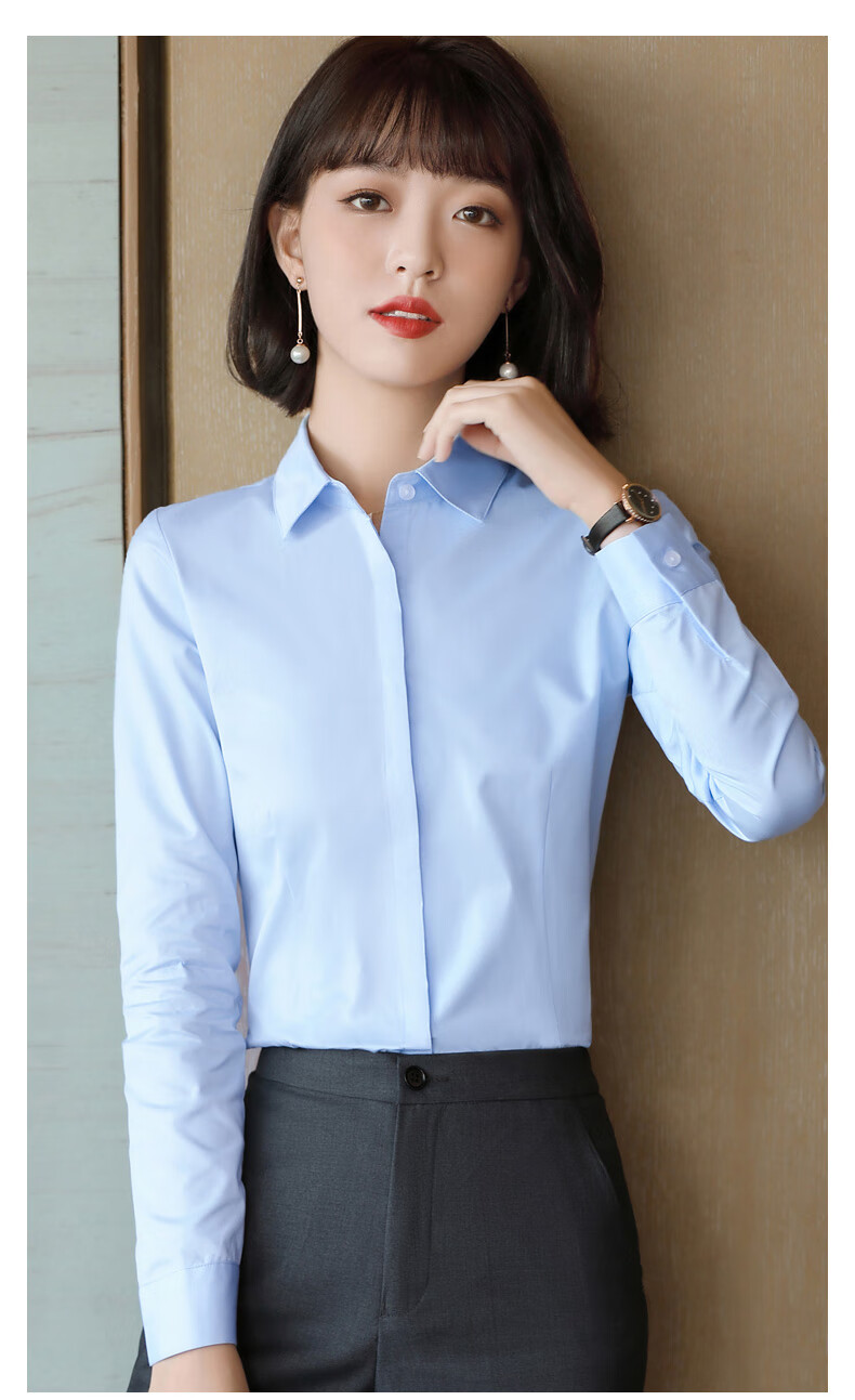 qlezqc酒店前台员工服装浅蓝色衬衫女职业气质上班族暗门襟面试正装白