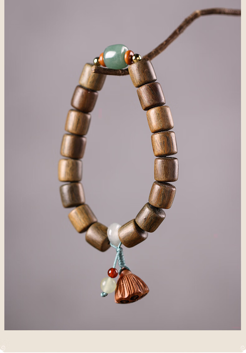 佛珠手链民族风高级感设计师款节日礼物 绿檀桶珠桃木莲蓬手串【图片