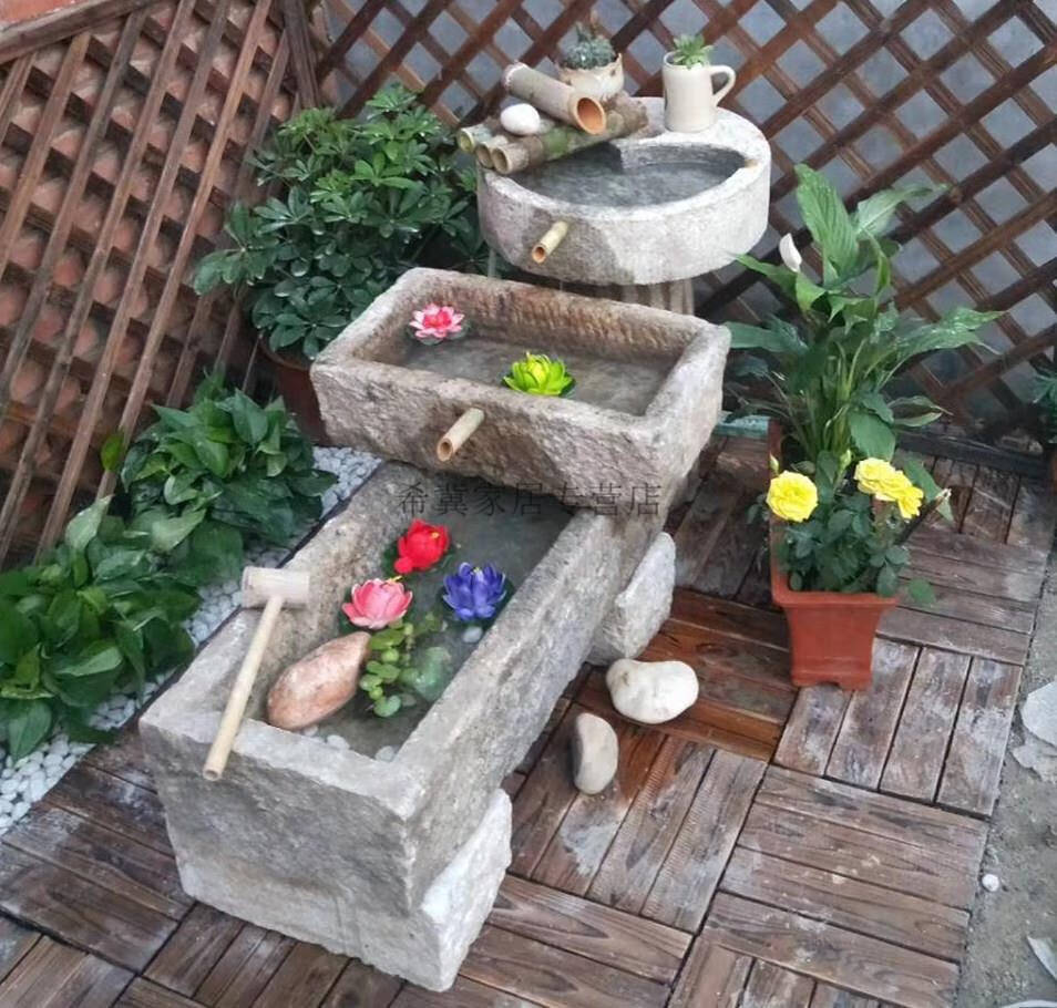 60老槽鱼缸猪食槽石头老旧石槽养鱼缸户外庭院流水景观户外水槽马槽
