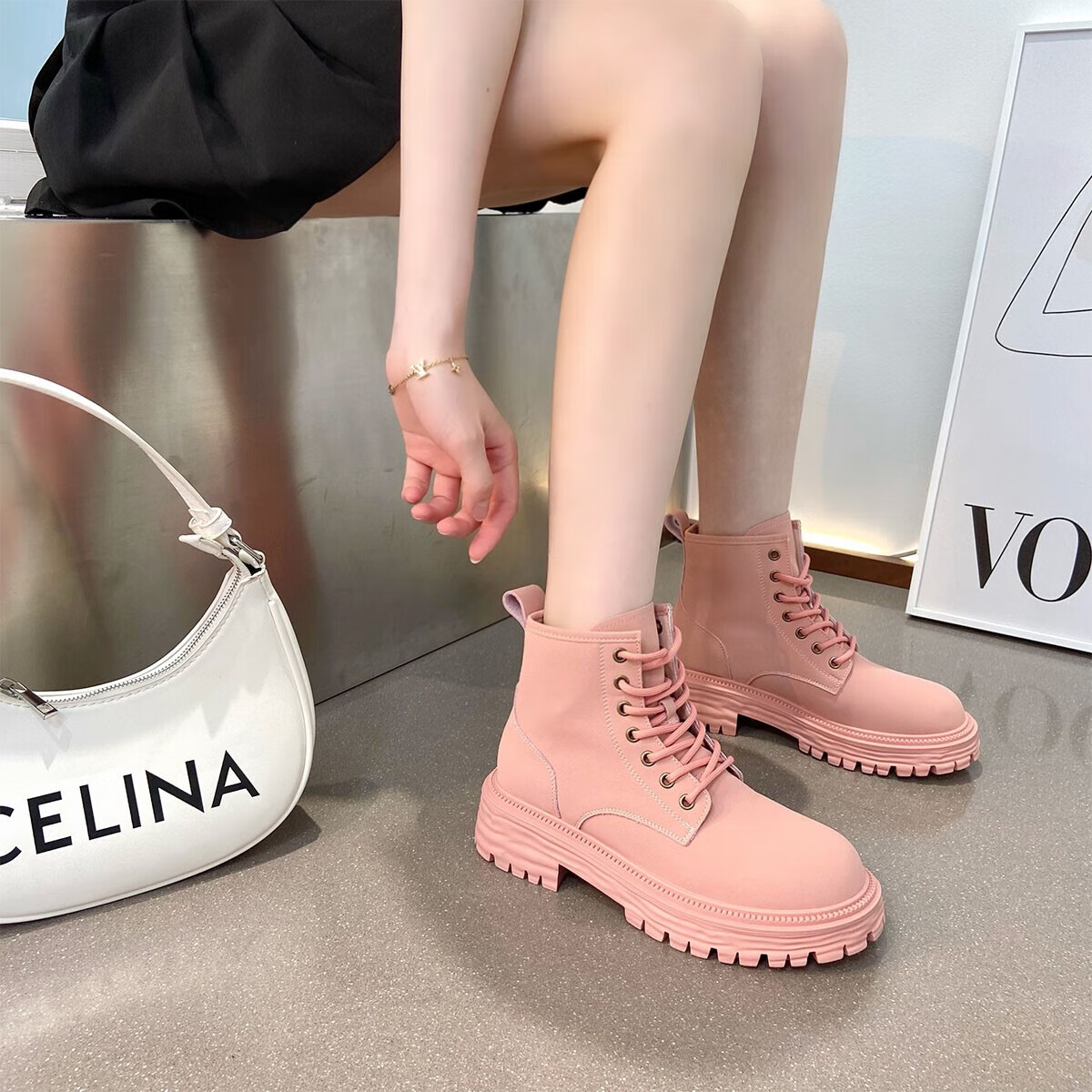 海澜集团旗下海澜优选品牌 英伦风大黄靴粉色马丁靴女秋季炸街复古工