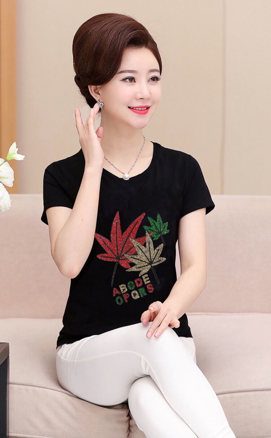 牧灵中老年女莫代尔短袖t恤半袖妈妈宽松体恤中年加大码薄款打底春夏