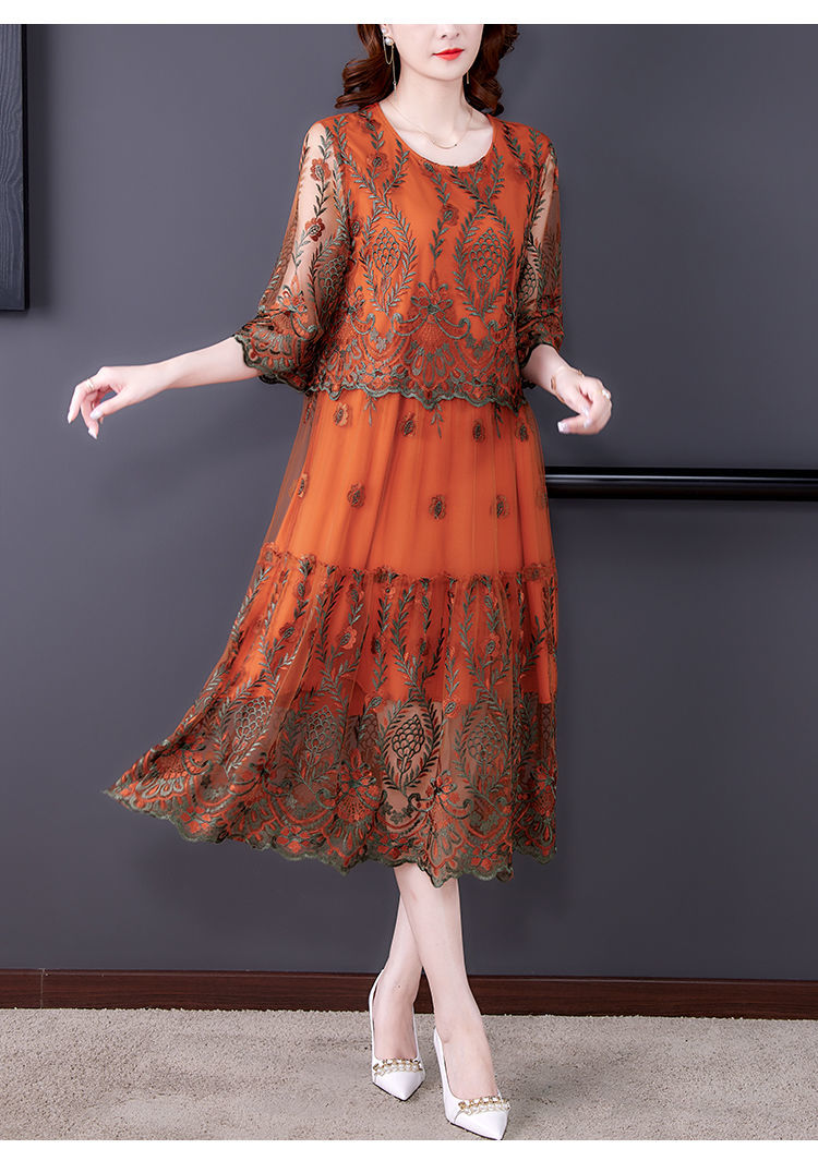 喜婆婆连衣裙夏天胖妈妈丈母娘婚宴时尚礼服参加婚礼穿的衣服女刺绣