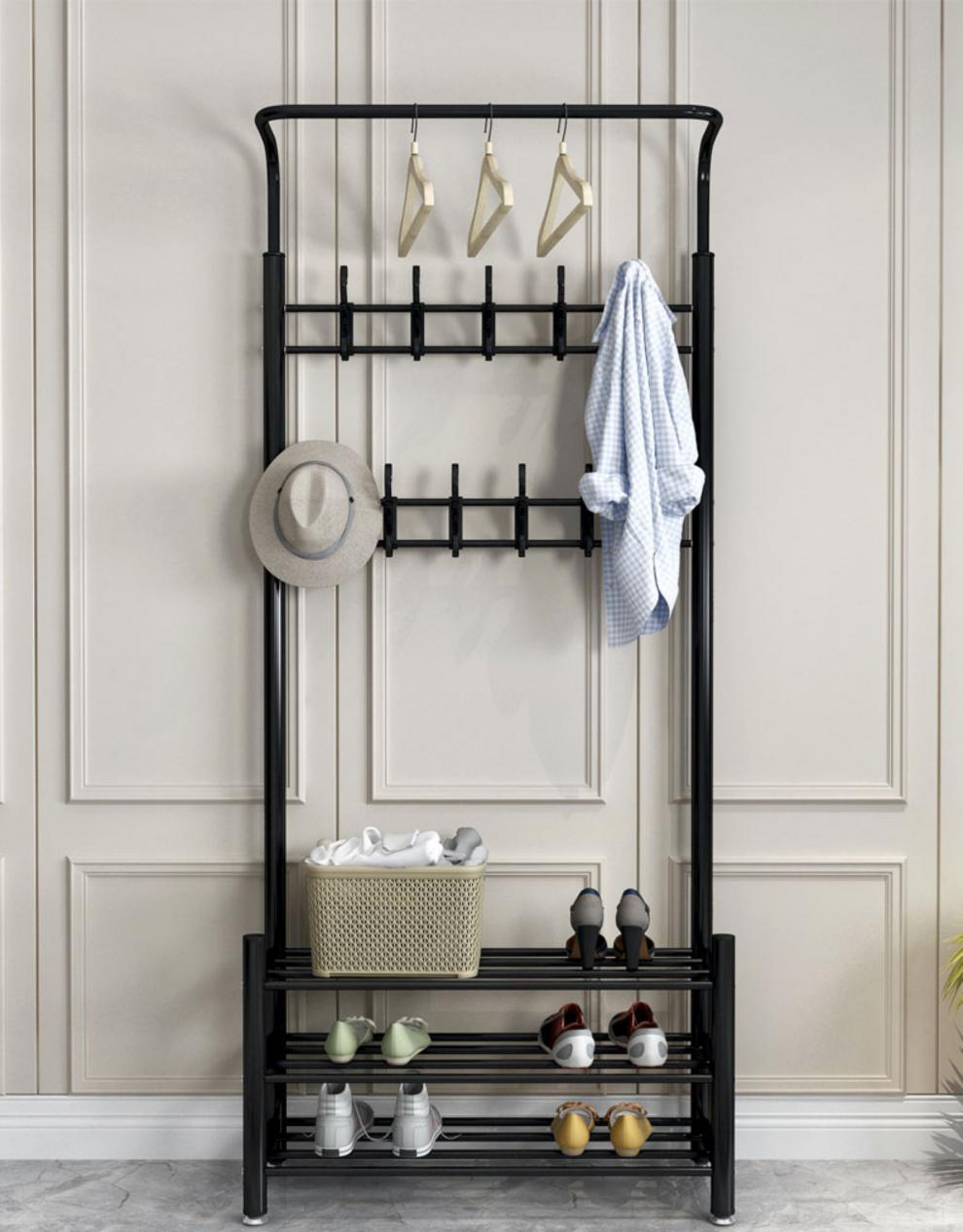 门厅衣架简易衣帽架鞋架一体组合挂衣架落地卧室客厅家用门厅玄关换鞋