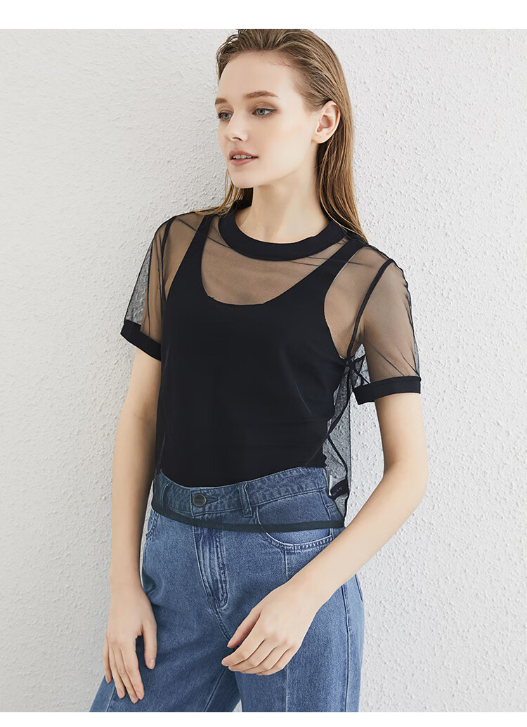 曼德诗网纱t恤女夏圆领短袖透视短款气质百搭时尚上衣黑色m
