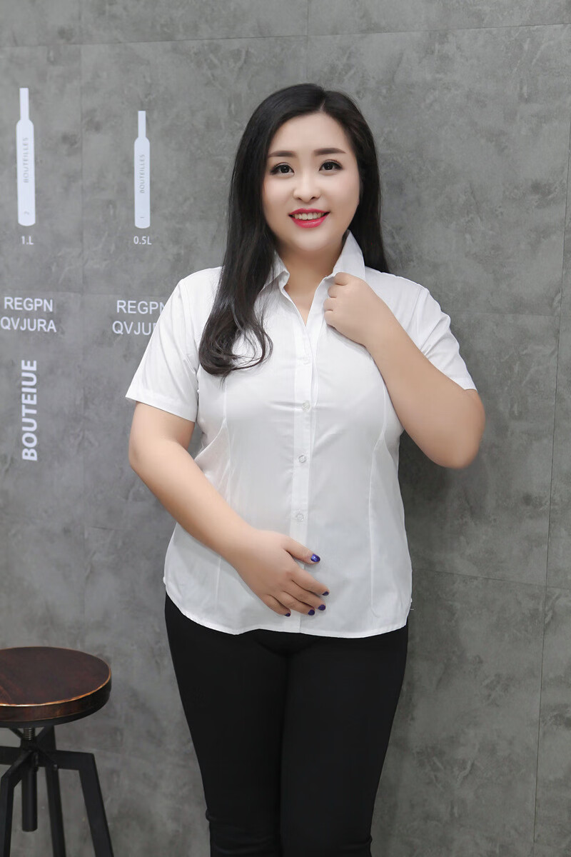 conwhd加肥加大码衬衣棉质夏季女胖妹妹200斤通勤职业装衬衫工作服v领