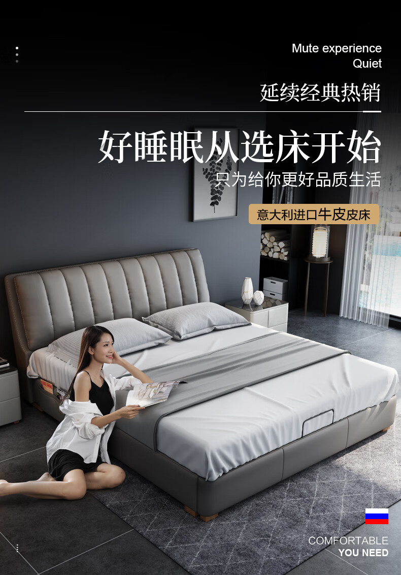 【七夕礼遇季】简奢表情 现代简约真皮床1.8米双人床北欧轻奢主卧小户型储物婚床家具 【标准款】单床 1500mm*2000mm  框架结构