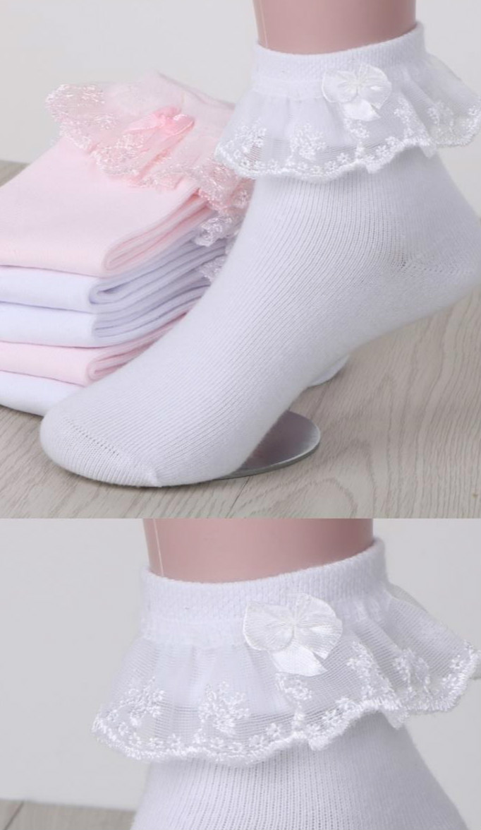 浪莎袜子女4双女童花边袜子白色纯棉儿童蕾丝公主袜女士袜女孩花边袜