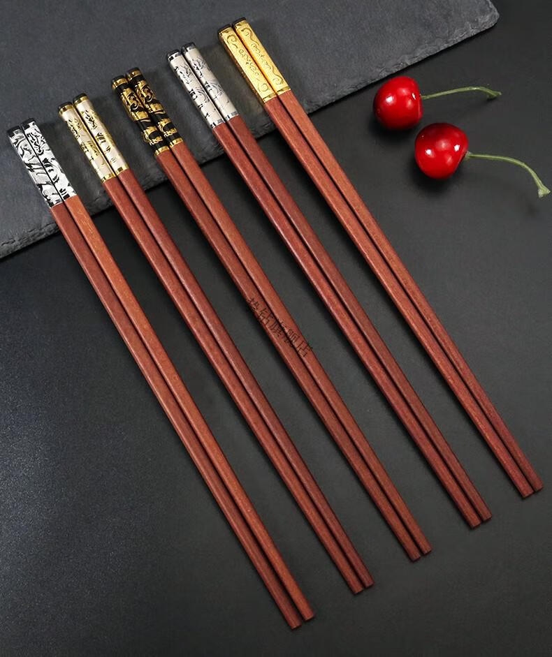 红木筷子家用实木无漆无蜡进口红檀防滑无漆无蜡木质红檀黑底金龙10双